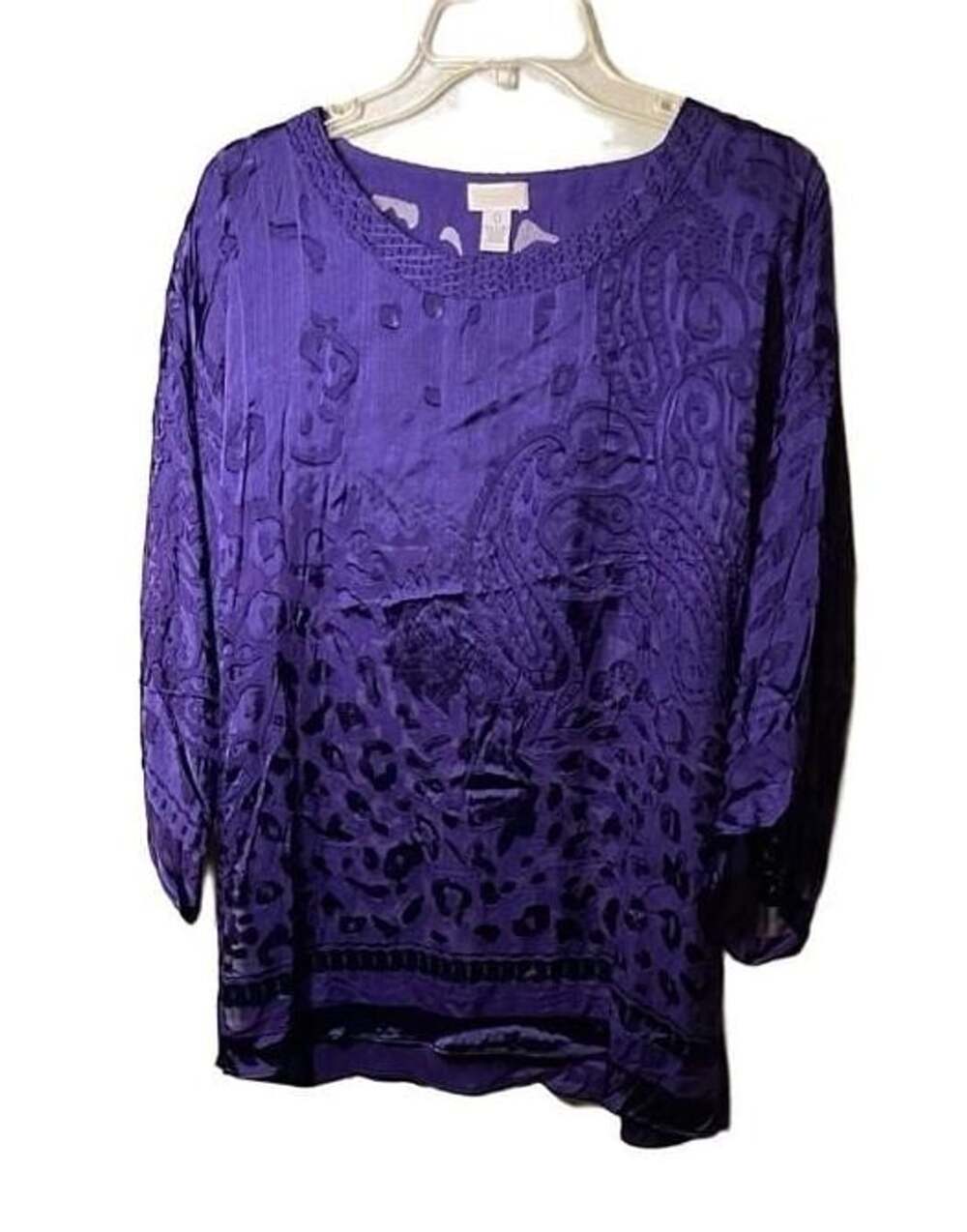 Chicos Purple Silk Blend Paisley Devore Burnout Tunic Blouse Top Womens Size 0